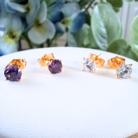 🟣✨Set of 2 Pairs of Earrings – Rose Gold Plated with Amethyst & Clear Crystals - Picture 3 of 6